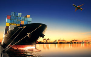 container ship at port and cargo plane